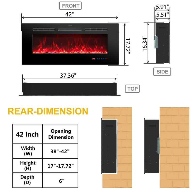 42" Recessed Wall Mounted Linear Electric Fireplace with Remote and Timer, 13 Adjustable Flame Color