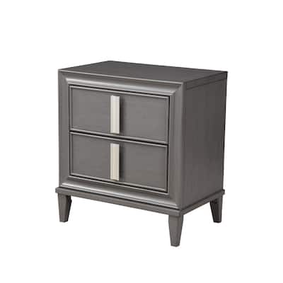 Dark Grey Solid Wood 2-Drawer Rectangular Nightstand with Metal Accents