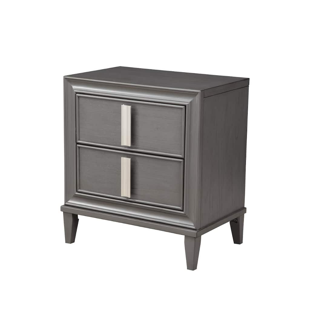 Dark Grey Solid Wood 2-Drawer Rectangular Nightstand with Metal Accents