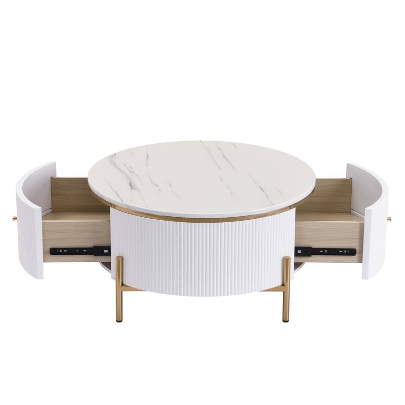 Roomfitters Modern Round Coffee Table with Storage, Gold Metal Legs, White Marble Top, 2 Hidden Compartments 31.5"
