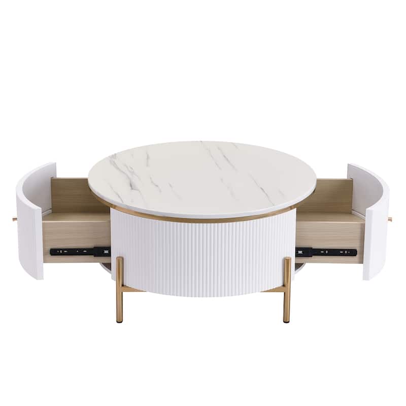Wood Coffee Table with Storage Drawer, Modern Cocktail Table with Faux Marble Top for Living Room Small Space