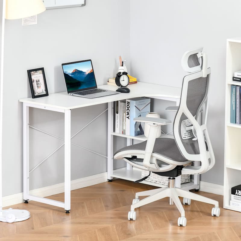 HOMCOM L-Shaped Computer Desk Home Office Corner Desk Study Workstation Table with with Wide Desktop, 2 Side Shelves, Steel - White