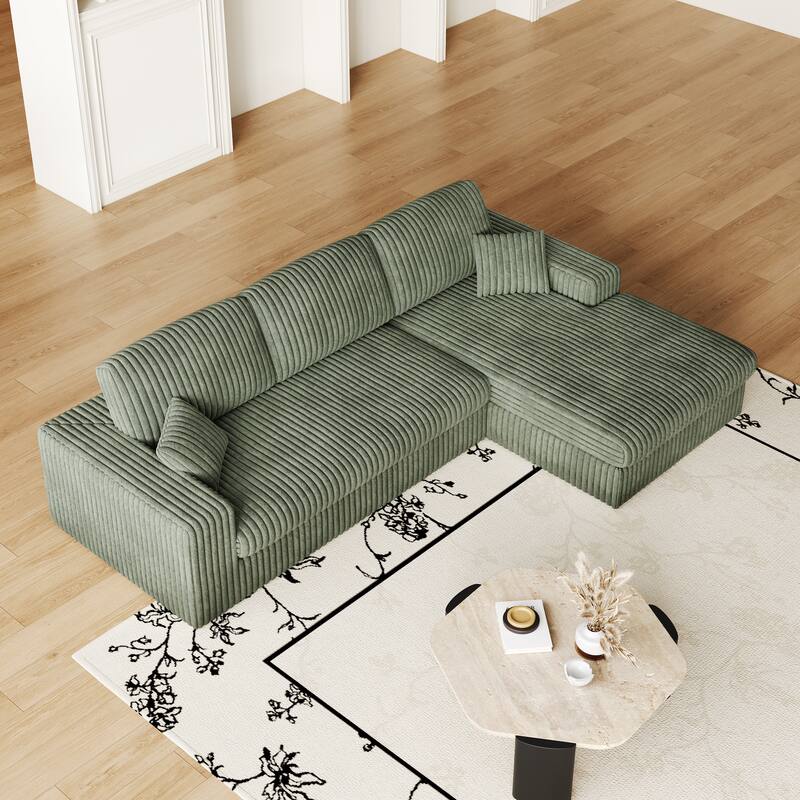 L-Shaped Sectional Sofa with Chaise Lounge, Corduroy Modular Foam Sofa, Upholstered Sofa with 2 Cushion & 2 Throw Pillows