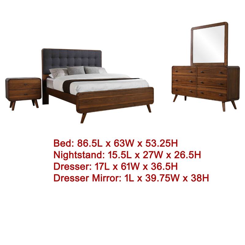 Ryb 4pc Bedroom Set with Queen Bed, Walnut Brown, Dark Gray Upholstery