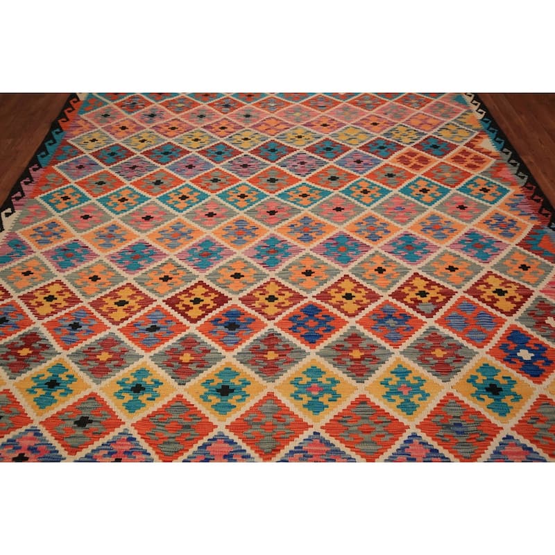 Flat Weave Trellis Kilim Oriental Area Rug Flatweave Wool Carpet - 7'10" x 11'5"