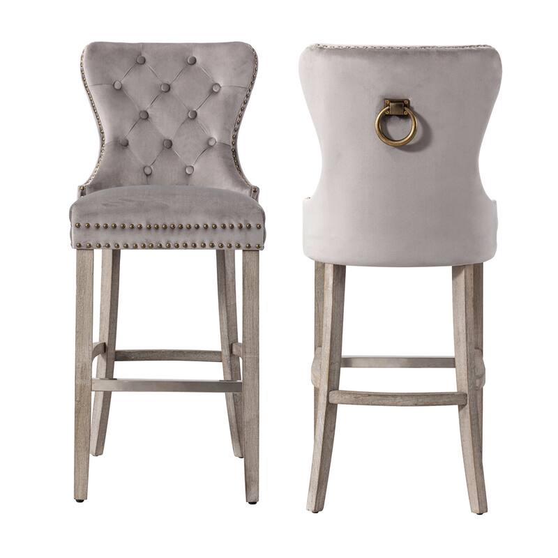 Carter 29" Wingback Tufted Nailhead Bar Stool (Set of 2), Antique Grey Legs