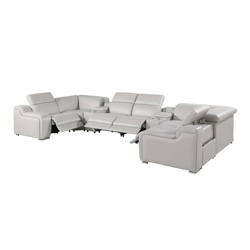 HomeRoots Light Gray Italian Leather Power Reclining U Shaped Eight Piece Corner Sectional With Console