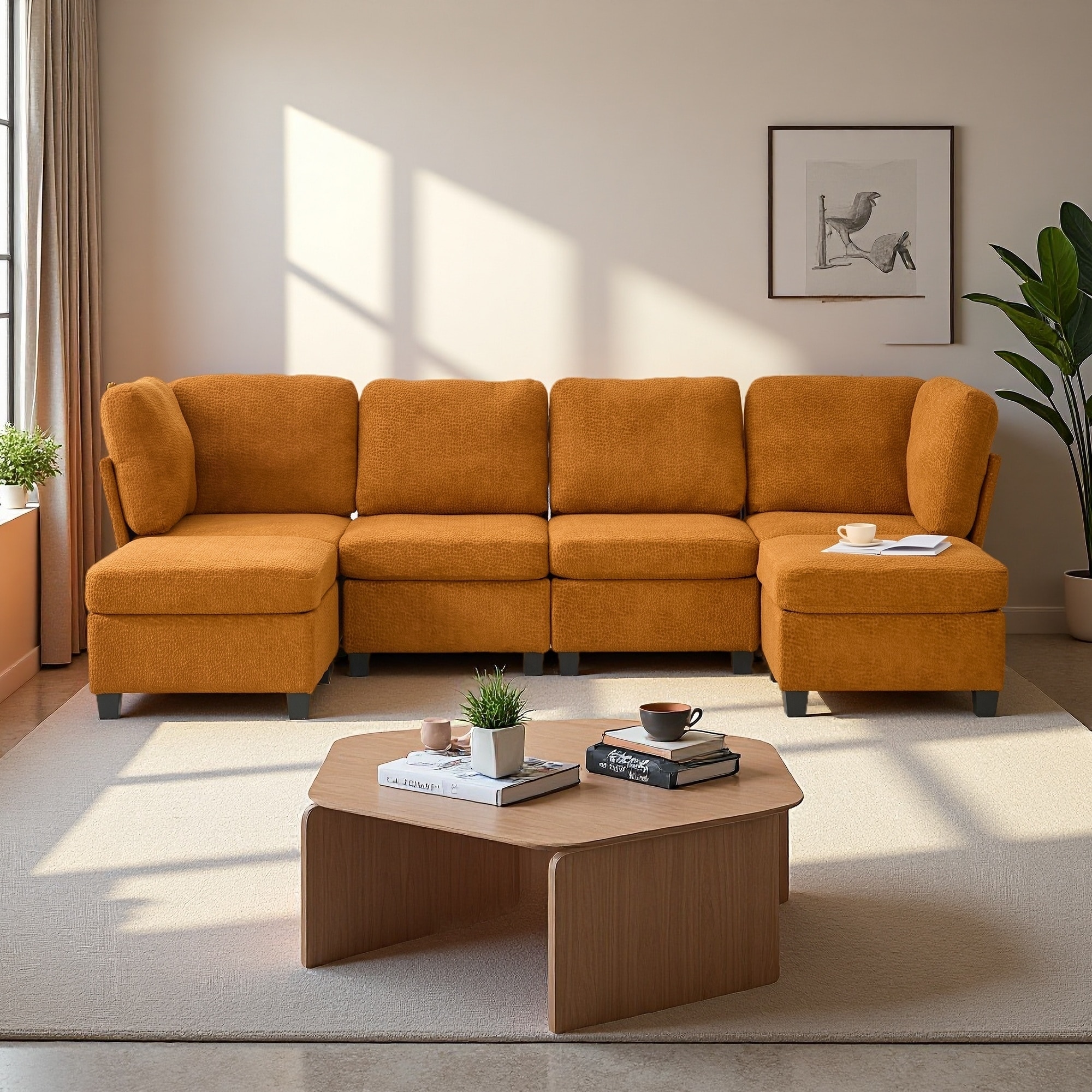 133.5" Polyester Modular 6-Seat Sectional Sofa with Storage Ottoman & Chaise