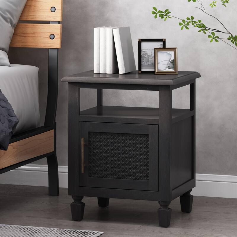 Roomfitters Modern Wood Nightstand with Open Shelf and Cabinet, Accent Side Table with Textured Door and Brass Handle, Dark Grey