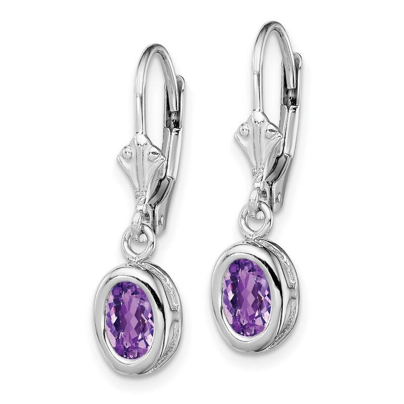 Curata 925 Sterling Silver Bezel 7x5mm Oval Amethyst Leverback Earrings 28x8mm