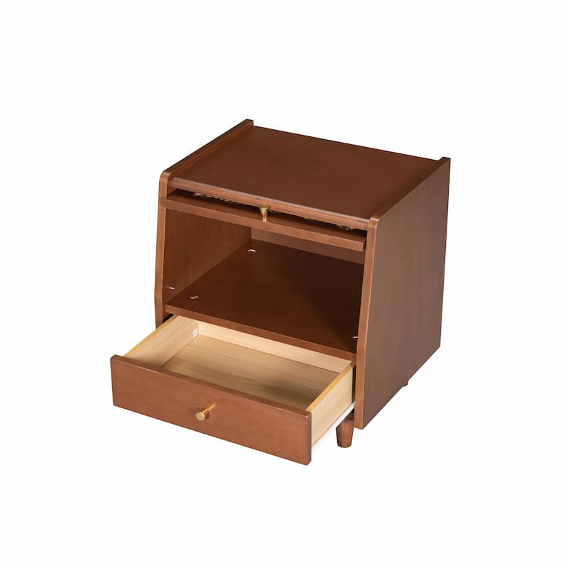 Wooden Nightstand with Rattan Storage Cabinet and 1 Drawer