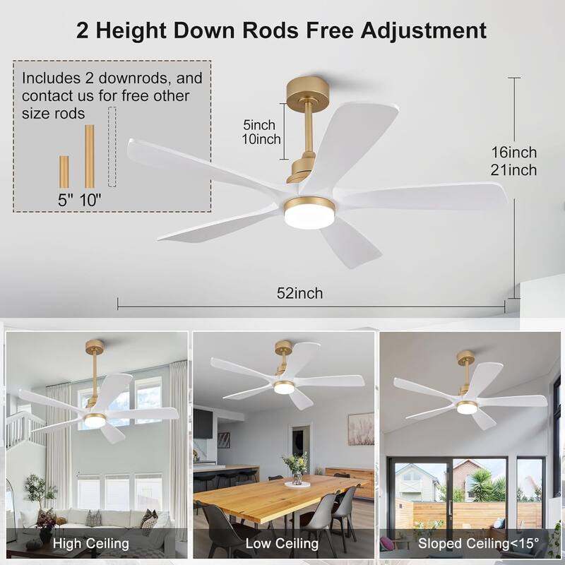 42/52 Inch Ceiling Fan,Electric Fan with Lights & Remote Control,Dimmable 3-Color LED