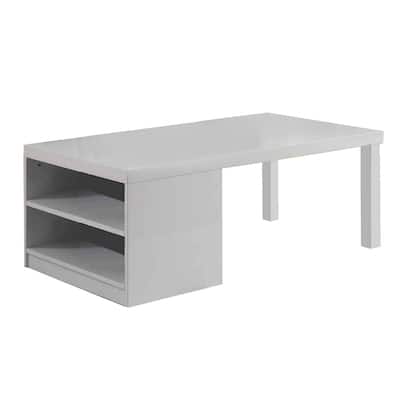 Wood and Metal Frame Coffee Table with Open Shelves, White and Chrome
