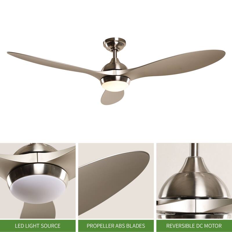 Modern Brushed Nickel 3-Blade LED Ceiling Fan with Remote Control - 56-in W x 13.7-in H