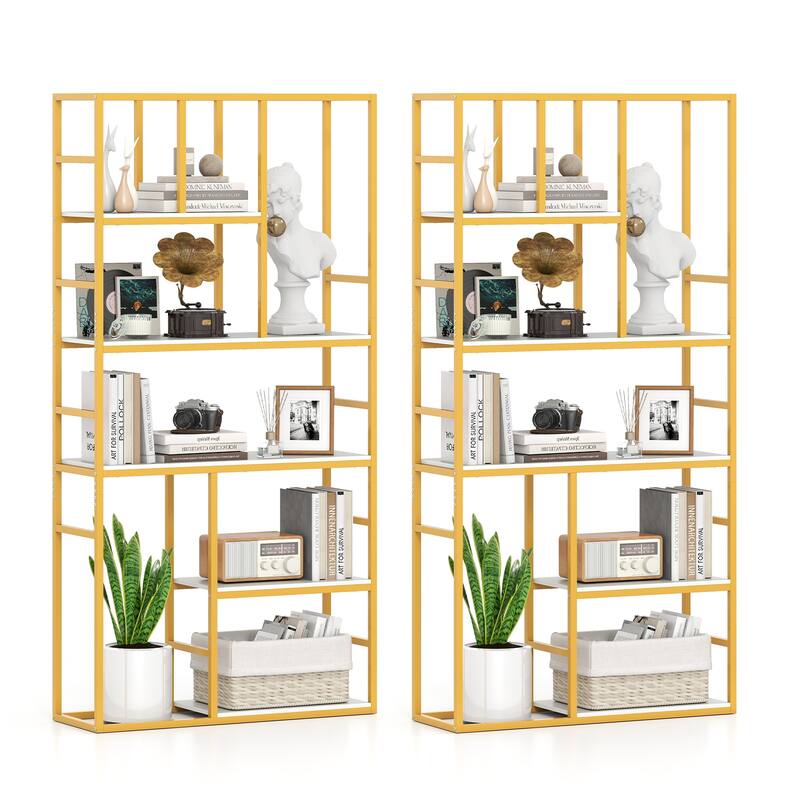 Gymax 2PCS 71'' 5 Tier Tall Bookshelf w/Open Storage Shelves Metal - White