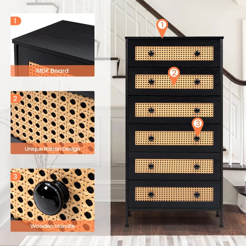 6-Drawer Dresser Chest PE Rattan Storage Tower Organizer Cabinet