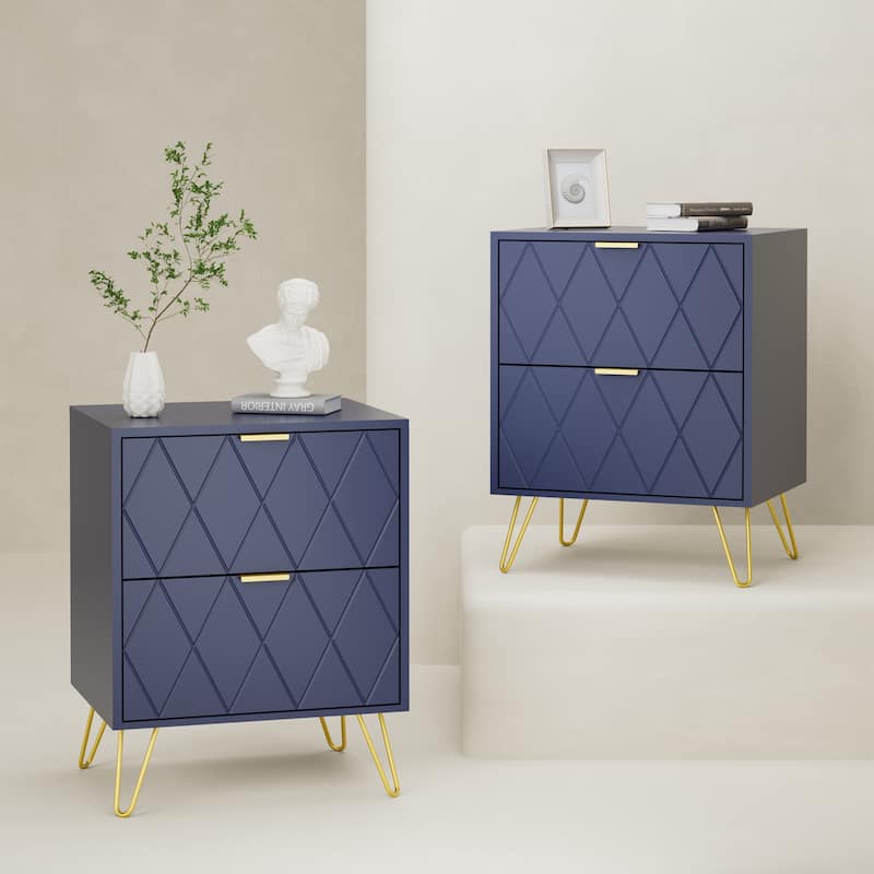 2 Drawers Nightstand Metal Legs End Side Table Bedside Table - Navy Blue 2Set