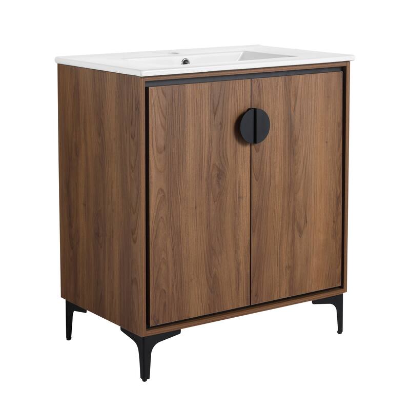 GDFStudio - Levistar Modern Freestanding Bathroom Vanity Cabinet with Ceramic Sink, Soft Close Doors & Metal Tripod - 30"