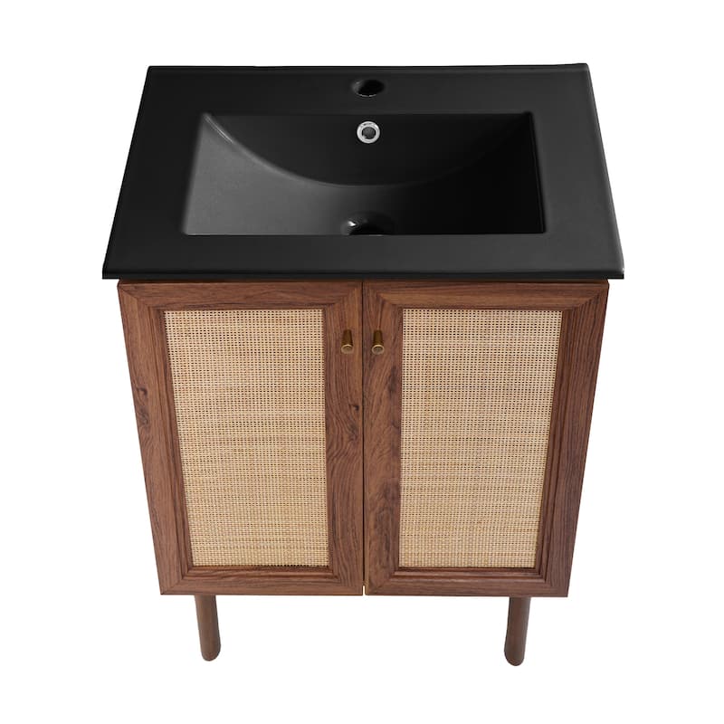 Classe 24 In. Brown Oak Bathroom Vanity With Black Ceramic Sink Top
