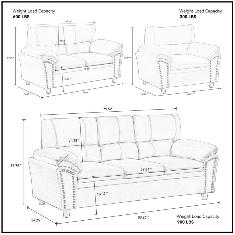 Mid-century Modern Upholstered Velvet Sofa Set with Armchair, Loveseat, 3-Seater Sofa