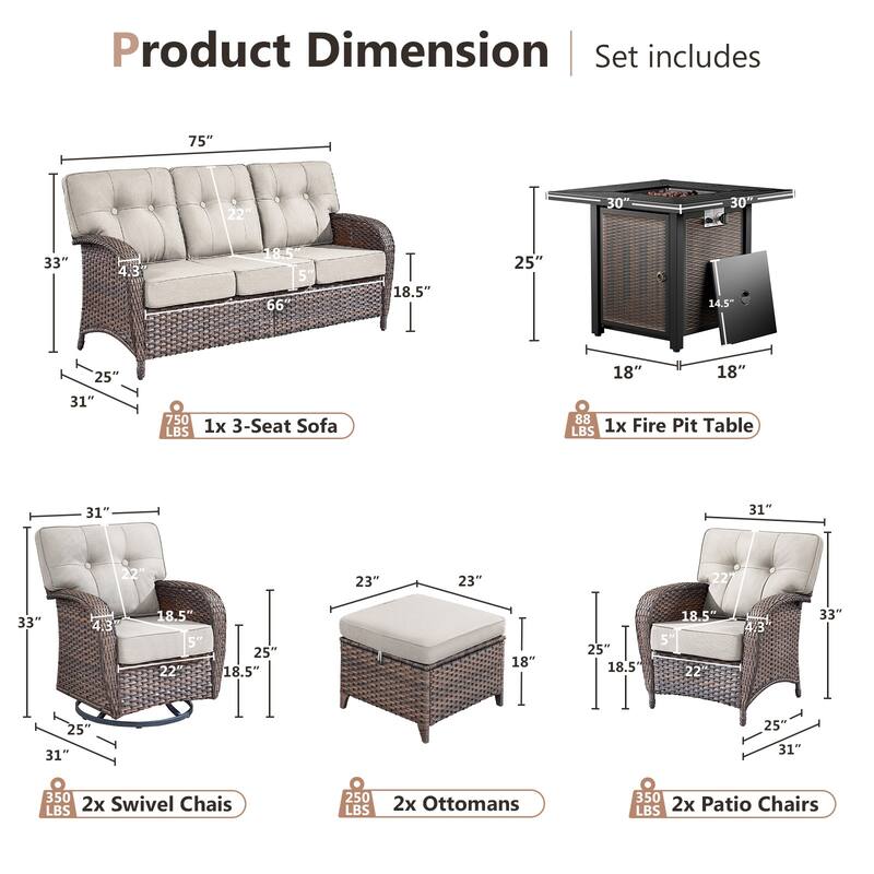 Pocassy Outdoor 30 In Fire Table with Sofa Swivel Patio Chair Set