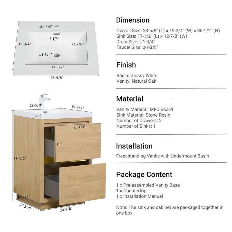 Abruzzo 24" Freestanding Bathroom Vanity with Stone Resin Sink and Two Soft Close Drawers