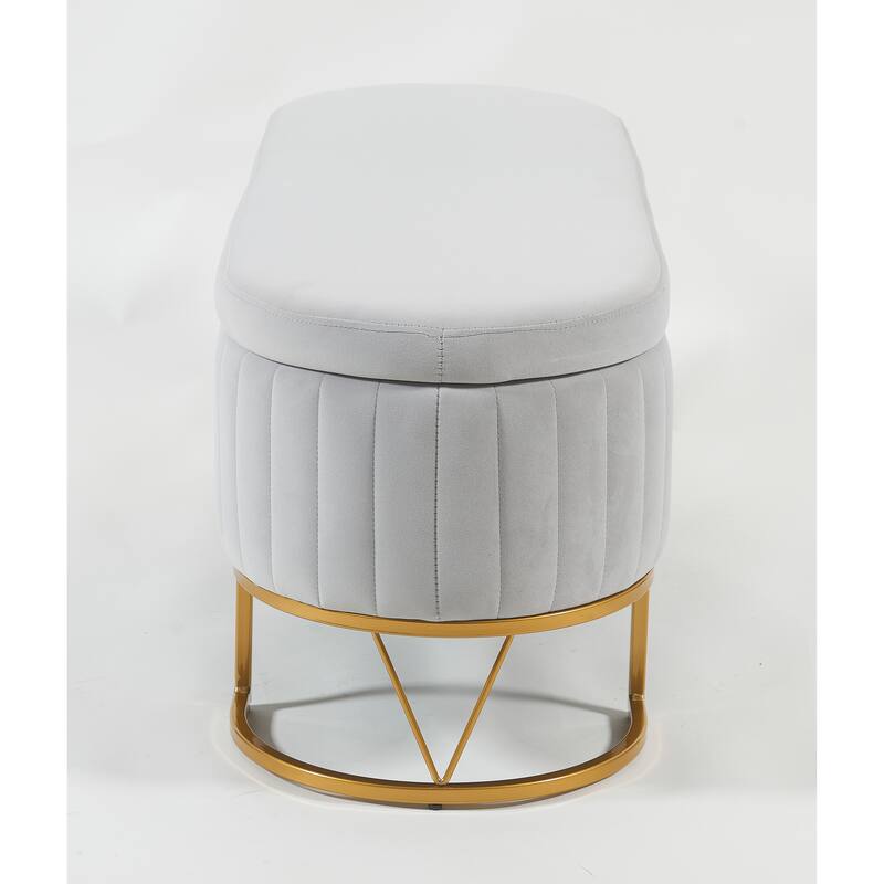 Oval Velvet Storage Bench with Metal Legs - Upholstered Bedroom Bench, Modern Storage Ottoman Bench for Living Room or Bedroom