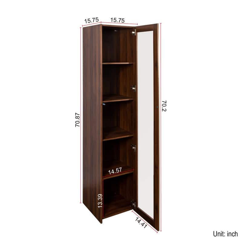 Modern Display Bookcase – Glass-Front Storage Cabinet with 5 Shelves & LED Illumination‌ - 15.75in. W X15.75in.DX70.87in. H