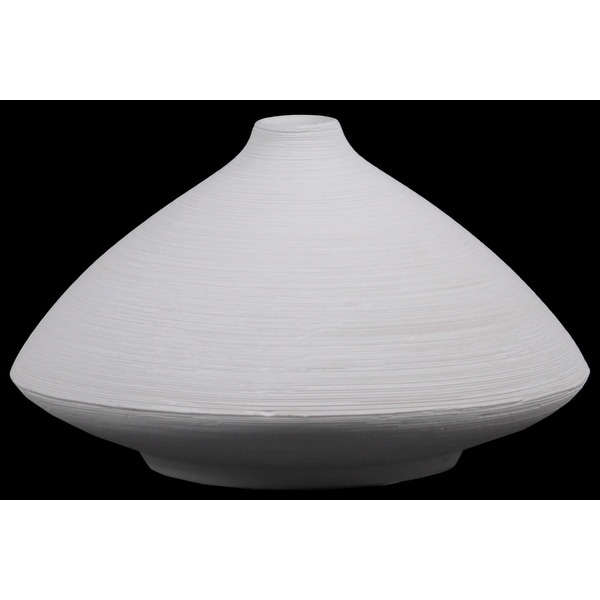 Ceramic Short Flared Belly Vase With Small Mouth And Tapered Bottom, Large, White
