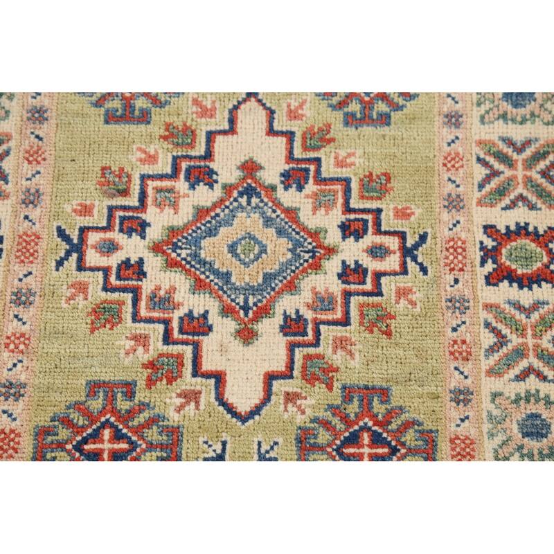 Pistachio Green Geometric Kazak Oriental Rug Hand-Knotted Wool Carpet - 2'1"x 2'10"