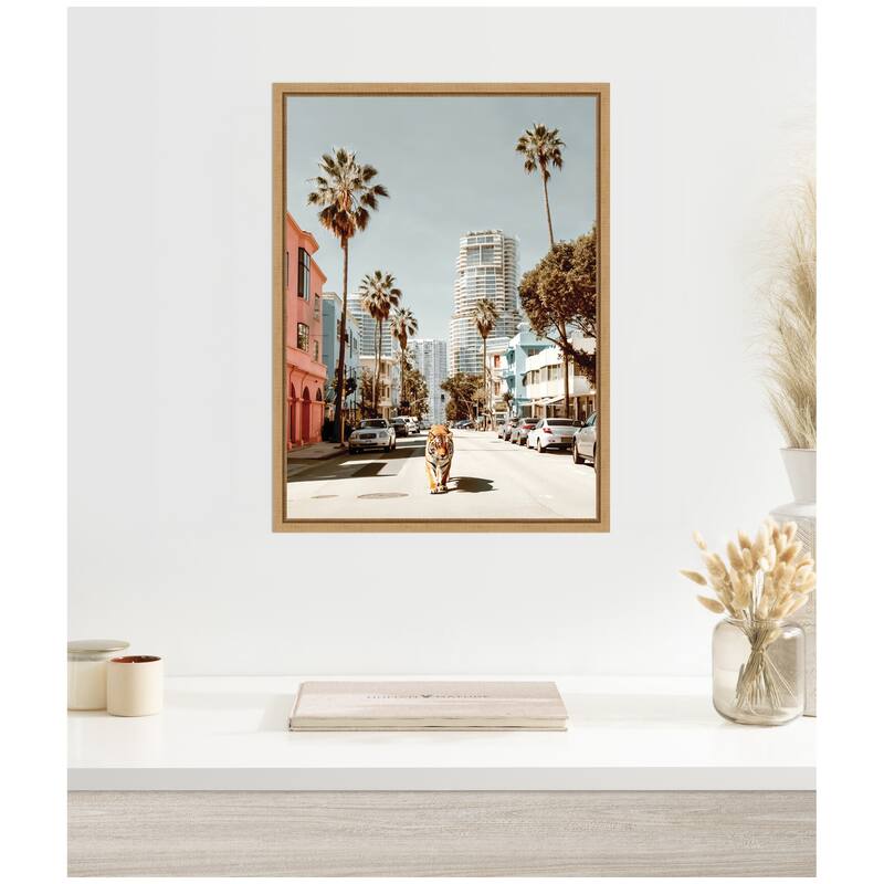 Kate and Laurel Sylvie California Tiger Roaming through Palm Springs Framed Canvas by Michael Schauer