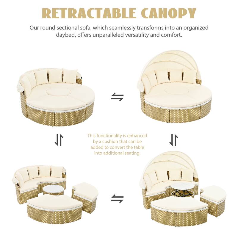 Luxury Round Rattan Daybed Patio Sofa Set with Retractable Canopy, Ottoman, Adjustable Table & Cushions
