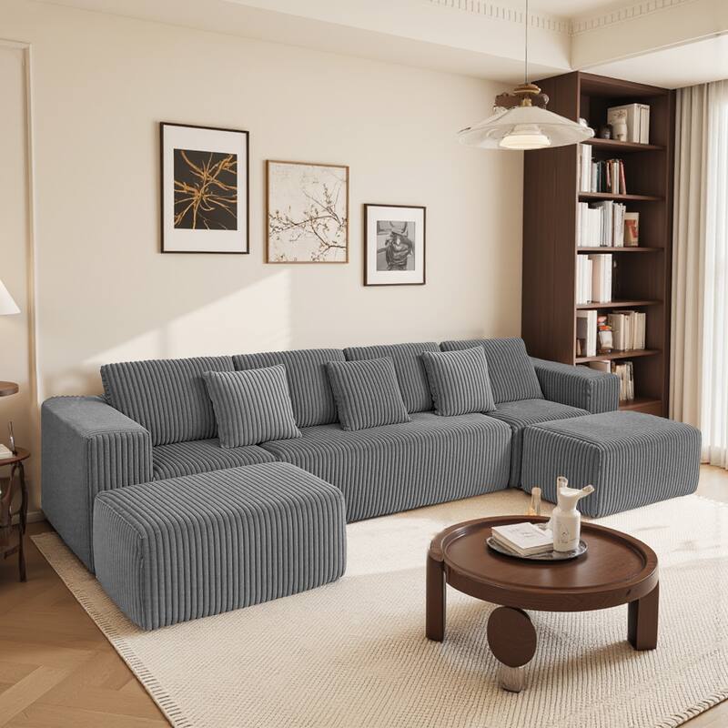 U-Shaped Sectional Sofa with Reversible Chaise Lounge, Oversized Corduroy Fabric Sofa, Modular 4 Seat Compressed Sofa