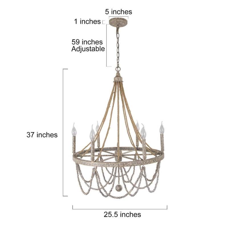 Farmhouse Empire Wood Beaded 6-Light Wagon Wheel Chandelier for Dining Living Room - D25.5'' x H97.5''