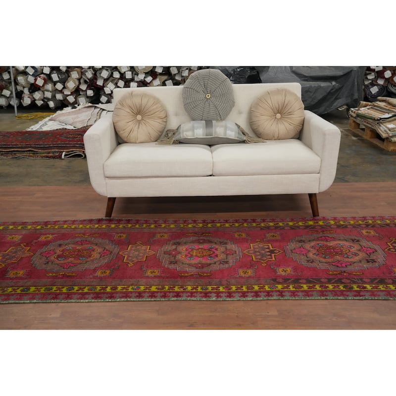 Hand Knotted Oriental 100% Wool Carpet Traditional Geometric Pink Heriz Runner Rug - 12' 10'' X 3' 2''