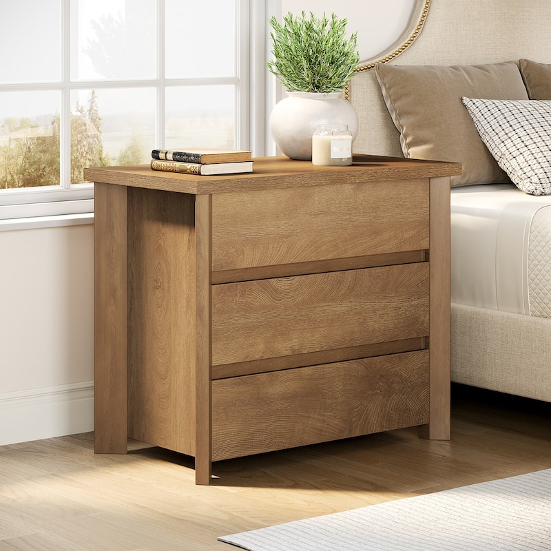 Wood Nightstand with 3 Drawers, Farmhouse Large Bedside Table with Storage