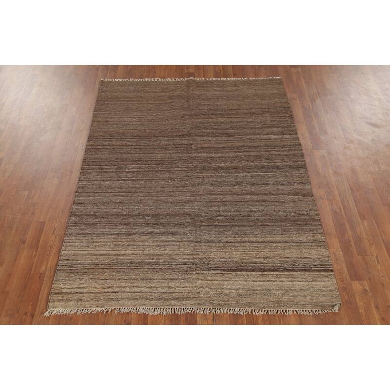 All-Over Striped Brown Kilim Persian Area Rug Handmade Wool Carpet - 5'0"x 6'6"