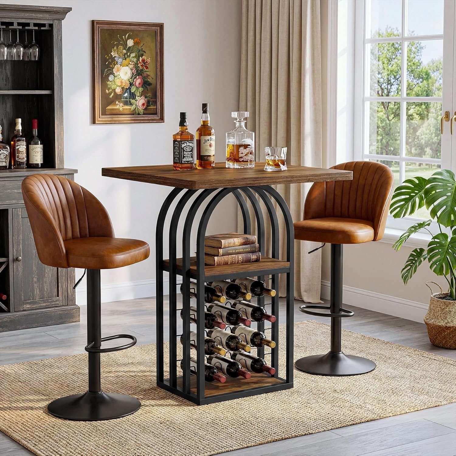 35" H Square Bar Table with 4-Tier Wine Rack Storage and Shelves for Small Space, Brown & Black