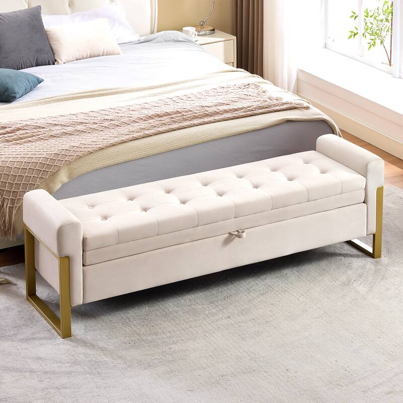 66" Storage Bench for Bedroom End of Bed with Double Lids and Gold Legs