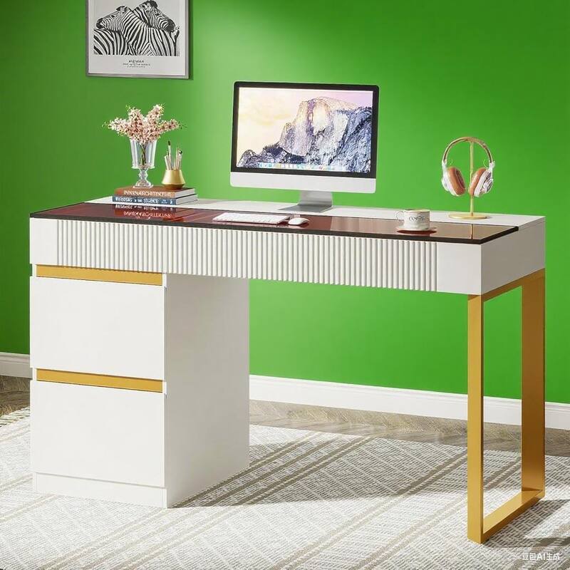 Glass Top Computer Desk with Four Drawers White and Gold Frame Modern Office Table with Storage for Home Workspace