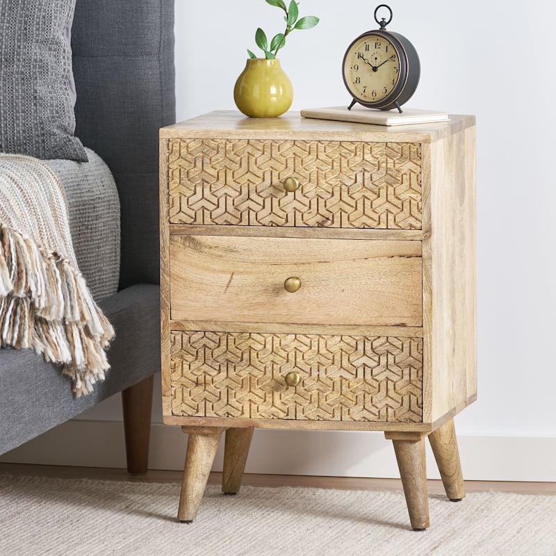 Roomfitters 3-Drawer Carved Wood Bedside Table, Boho Accent Nightstand with Geometric Pattern Fronts, Natural - Natural