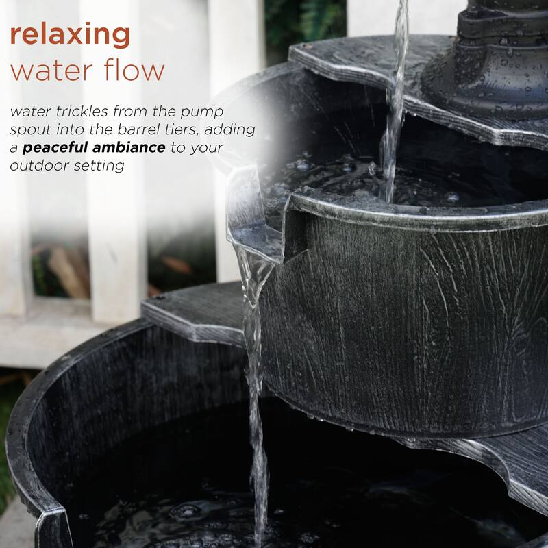 Alpine Corporation 27in Outdoor Rustic 2Tier Barrel and Pump Water Fountain with LED Lights Garden, Patio, or Yard Decor, Silver