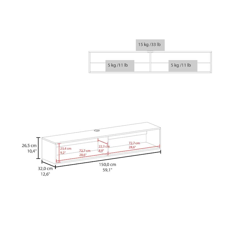Modern TV Console Wall Mounted 59" Floating Media Stand with Shelves and Cable Management - 10.4”H x 59.1”W x 12.6”D