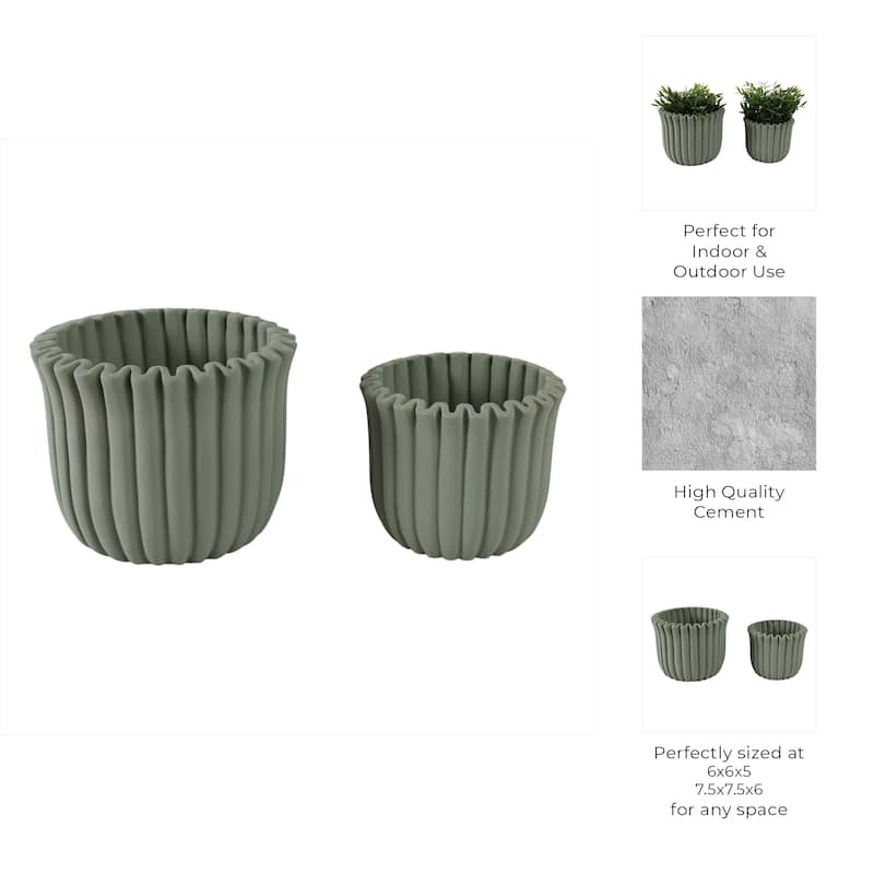 Pottery Cement Planters Textured Ribbed Sculptural Design (Set of 2) - 7.5" x 7.5" x 6"