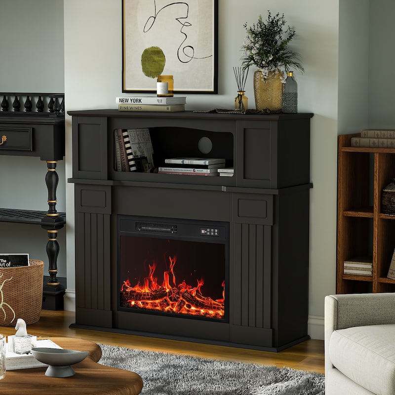 BOSSIN 43" Electric Fireplace with Mantel, 23 inch Electric Fireplace Insert,Freestanding TV Stand with Fireplace Wooden Firebox - 13.5"D x 43.3"W x 42.5"H - Black