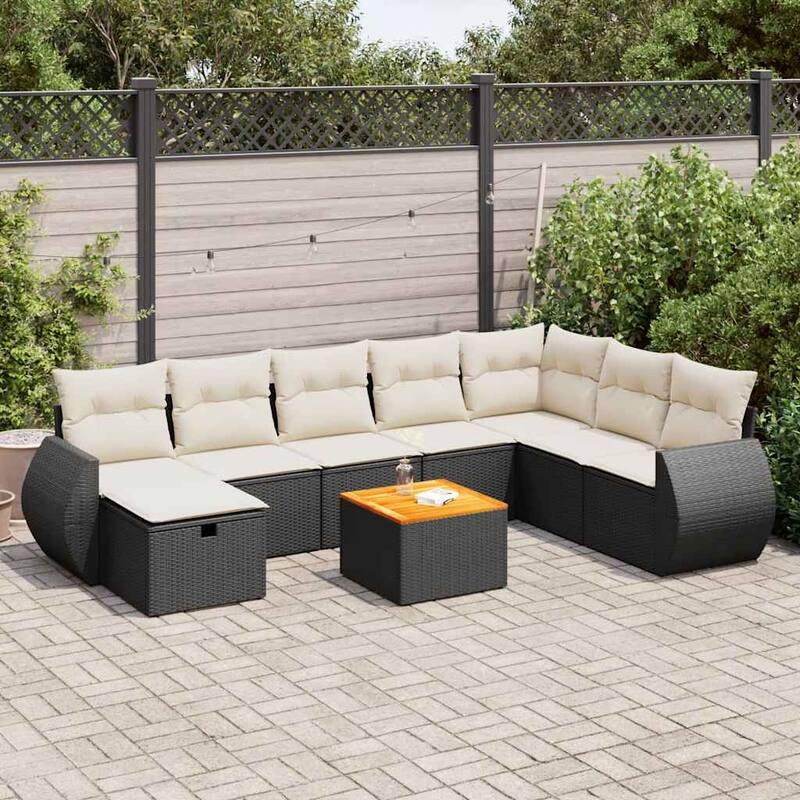 vidaXL Patio Sofa Set with Cushions Outdoor Furniture 9 Piece Poly Rattan - Black and cream with storage - 21.7 x 21.7 x 14.6 in