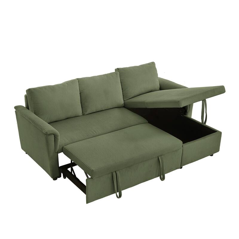 Convertible Corduroy Modular Loveseat Pull-Out Sleeper with Storage Chaise and Reclining Backrest for Living Room