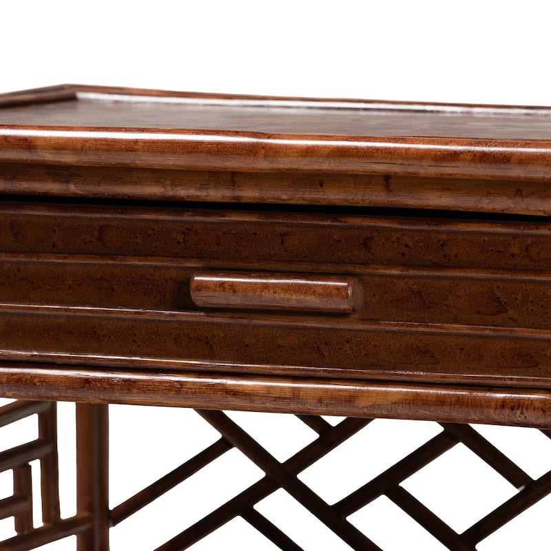 Daemyn Marbled Tortoise Natural Rattan Nightstand - Handcrafted Wicker Bedside Table with Drawer and Open Shelving