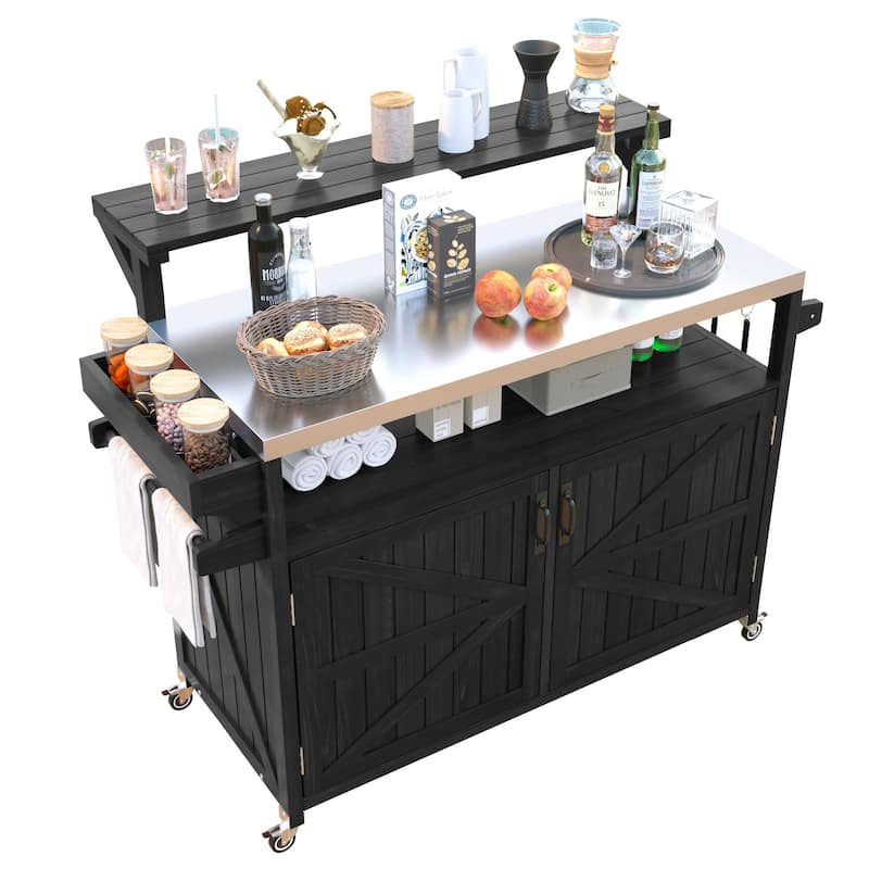 Anmytek 53.3" Outdoor Kitchen Island Grill Cart Stainless Steel Top Solid Wood Storage Black