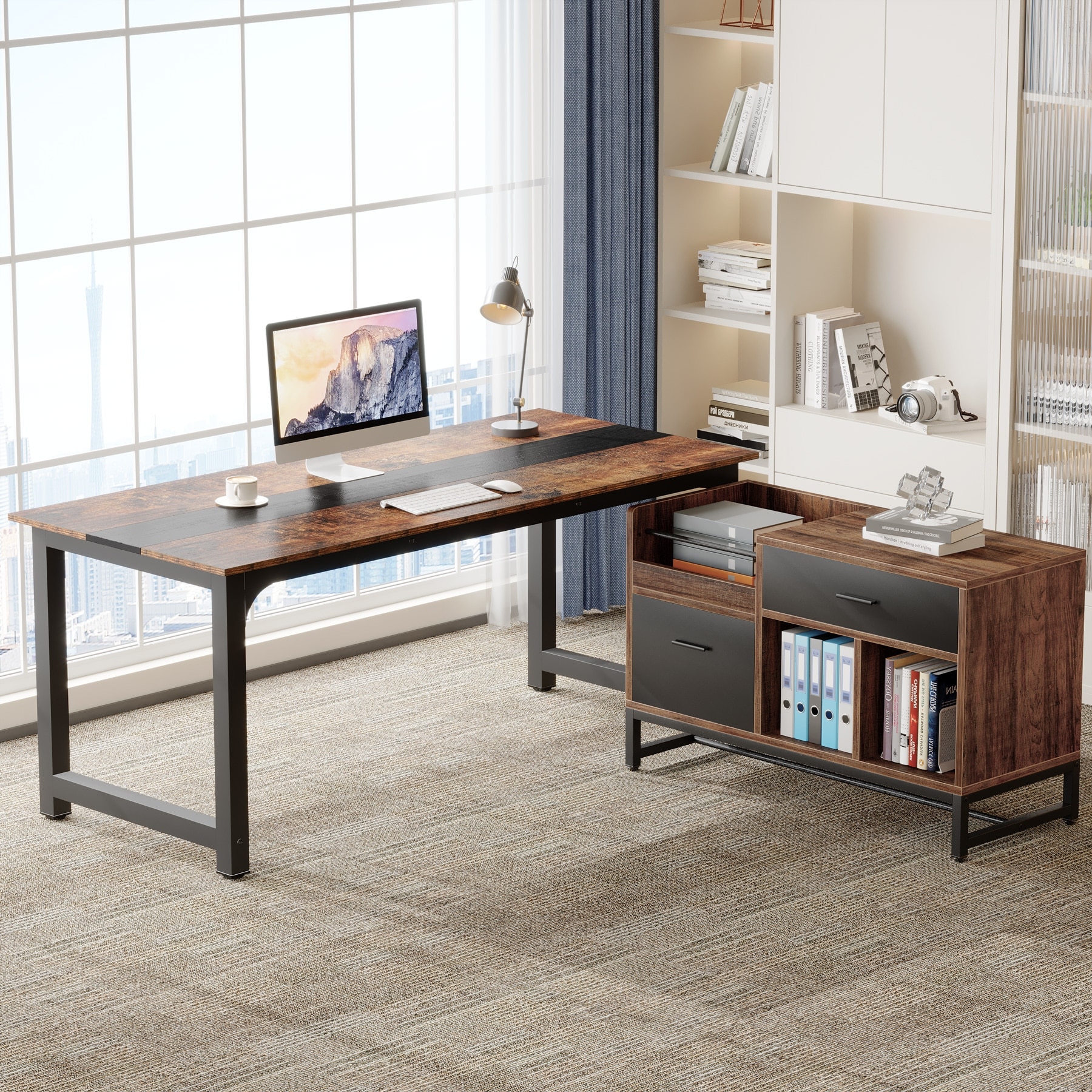 70.8" L-Shaped Executive Desk with File Cabinet for Home Office
